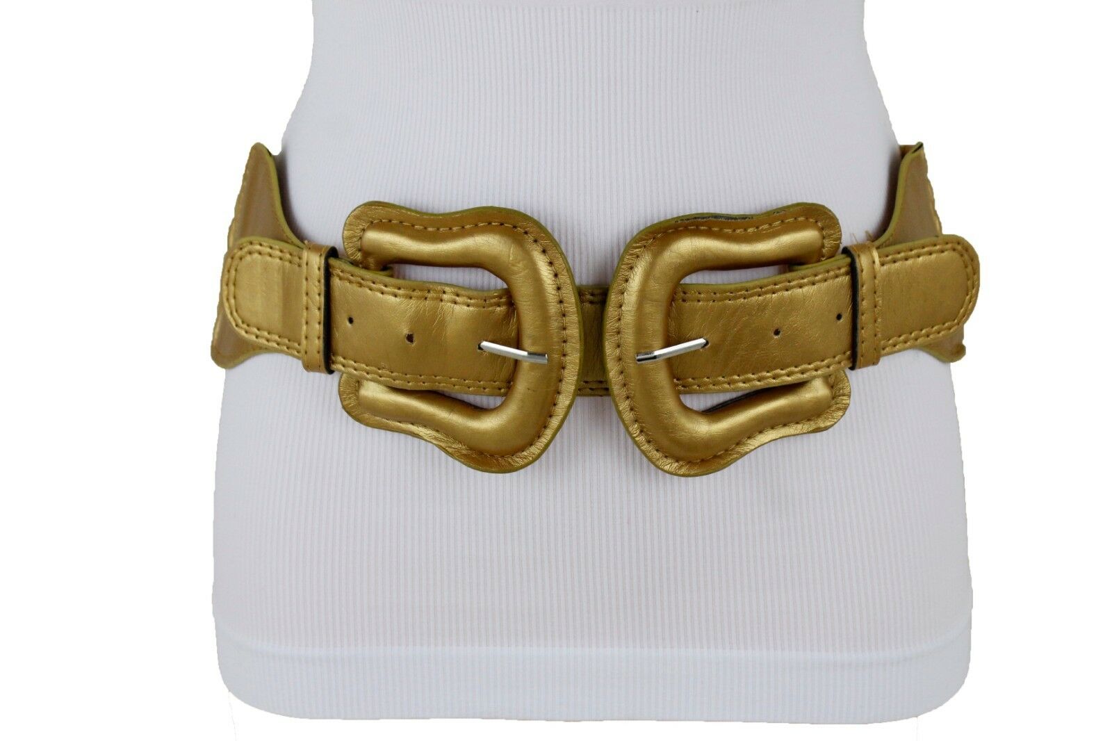 Real Leather Waist Belt Elastic Stretch Wide Waistband Gold Double Buckle  Belt