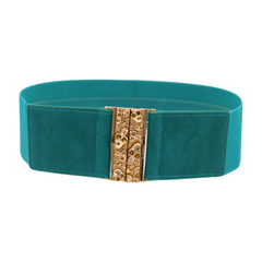 Women Teal Blue Wide Elastic Fashion Belt Hip High Waist Gold Skull Buckle S M