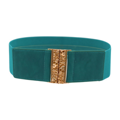 Women Teal Blue Wide Elastic Fashion Belt Hip High Waist Gold Skull Buckle S M