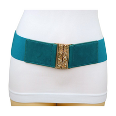 Women Teal Blue Wide Elastic Fashion Belt Hip High Waist Gold Skull Buckle S M