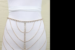 New Women Gold Metal Chain Wave High Waist Belt Rhinestone S M