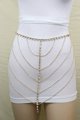 New Women Gold Metal Chain Wave High Waist Belt Rhinestone S M