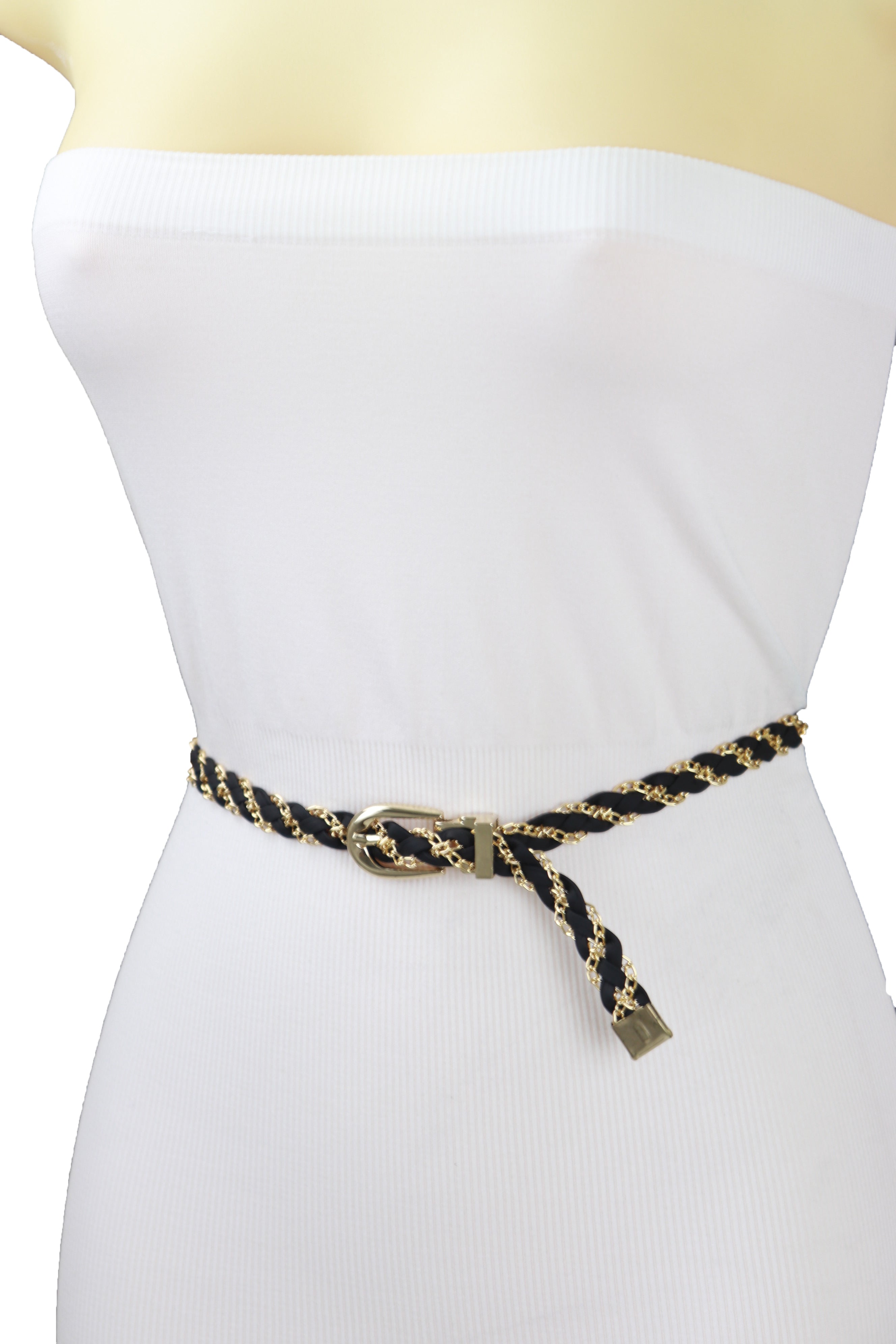 Women Black Elastic Hip High Waist Belt Gold Metal Chain Links Strap Size S  M