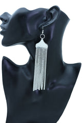 Women Earrings Fashion Jewelry Silver Mesh Metal Long Dangle Tassel Bling Style