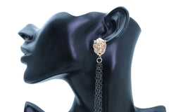 Women Hook Earrings Set Fashion Jewelry Black Metal Chain Long Tassel Gold Lion