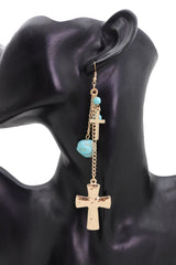 New Women Gold Metal Chain Fashion Jewelry Dangle Earrings Set Cross Turquoise Beads