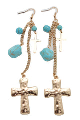 New Women Gold Metal Chain Fashion Jewelry Dangle Earrings Set Cross Turquoise Beads