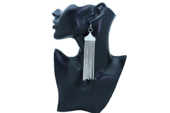 Women Earrings Fashion Jewelry Silver Mesh Metal Long Dangle Tassel Bling Style