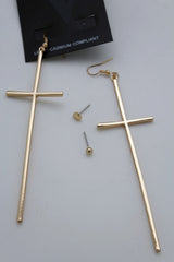 Women Gold Long Metal 3 Earrings Set Hook Cross Heart Studs Dots Fashion Jewelry