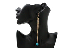 Women Earrings Fashion Jewelry Gold Metal Chain Links Long Turquoise Blue Beads