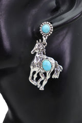 Women Earrings Set Silver Metal Horse Rodeo Western Fashion Turquoise Blue Beads