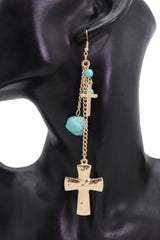 New Women Gold Metal Chain Fashion Jewelry Dangle Earrings Set Cross Turquoise Beads