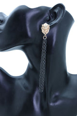 Women Hook Earrings Set Fashion Jewelry Black Metal Chain Long Tassel Gold Lion