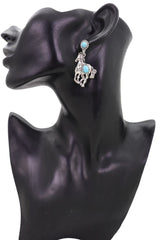 Women Earrings Set Silver Metal Horse Rodeo Western Fashion Turquoise Blue Beads