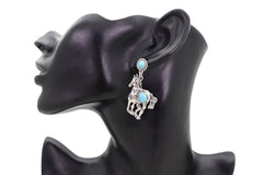 Women Earrings Set Silver Metal Horse Rodeo Western Fashion Turquoise Blue Beads