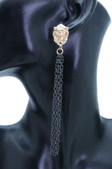 Women Hook Earrings Set Fashion Jewelry Black Metal Chain Long Tassel Gold Lion