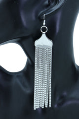 Women Earrings Fashion Jewelry Silver Mesh Metal Long Dangle Tassel Bling Style