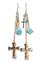 New Women Gold Metal Chain Fashion Jewelry Dangle Earrings Set Cross Turquoise Beads