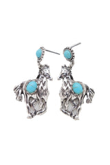 Women Earrings Set Silver Metal Horse Rodeo Western Fashion Turquoise Blue Beads