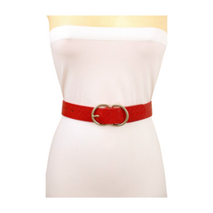 Women Red Basket Weave Faux Leather Hip Waist Belt Gold Metal Buckle Size S M