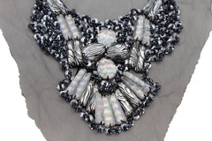 Black Lace Long Satin Tie Strand Zebra Beads Silver Sequins Artsy Necklace