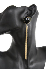 Women Long Gold Chain Fringes Black Heart Love Charms Jewelry Earrings Set