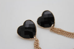 Women Long Gold Chain Fringes Black Heart Love Charms Jewelry Earrings Set