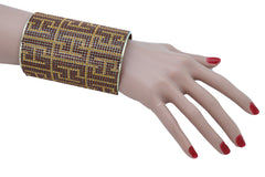 Gold Metal with Brown Geometric Pattern Long Cuff Bracelet