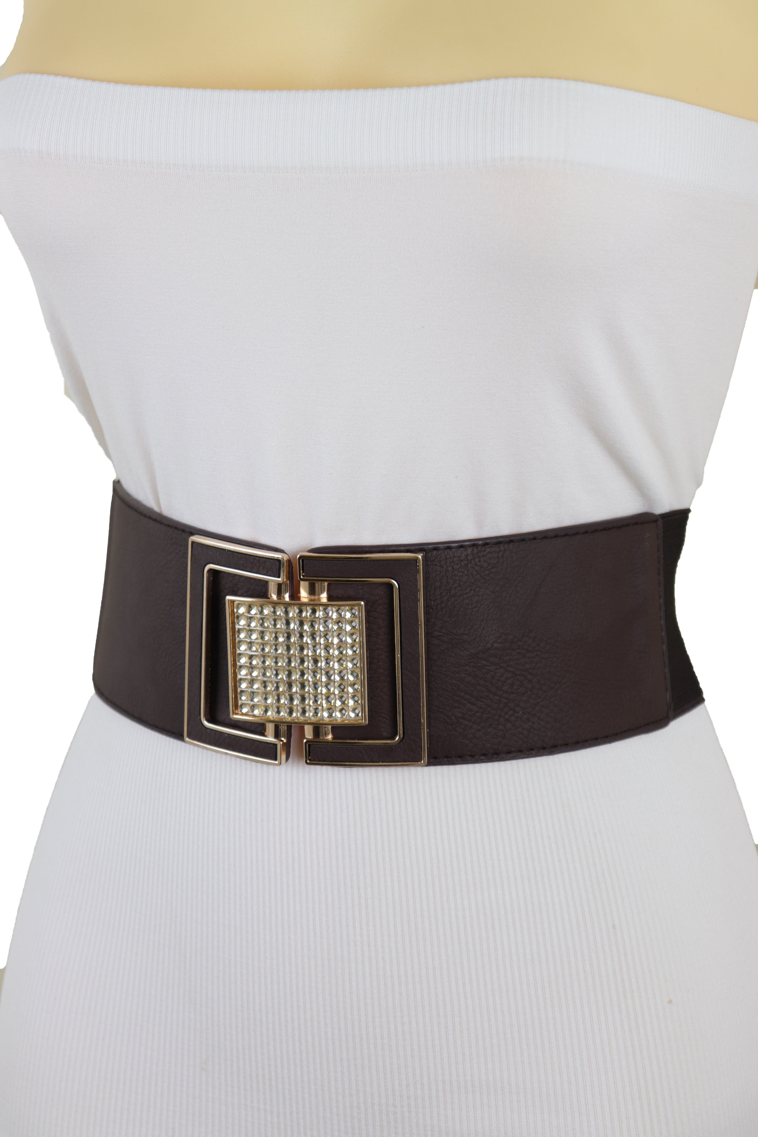 Brand New Women Brown Elastic Belt Gold Square Bling Buckle Fit Size S ...