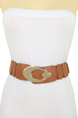 High Waist Hip Stretch Brown Faux Leather Belt Gold Metal Oval Buckle S M