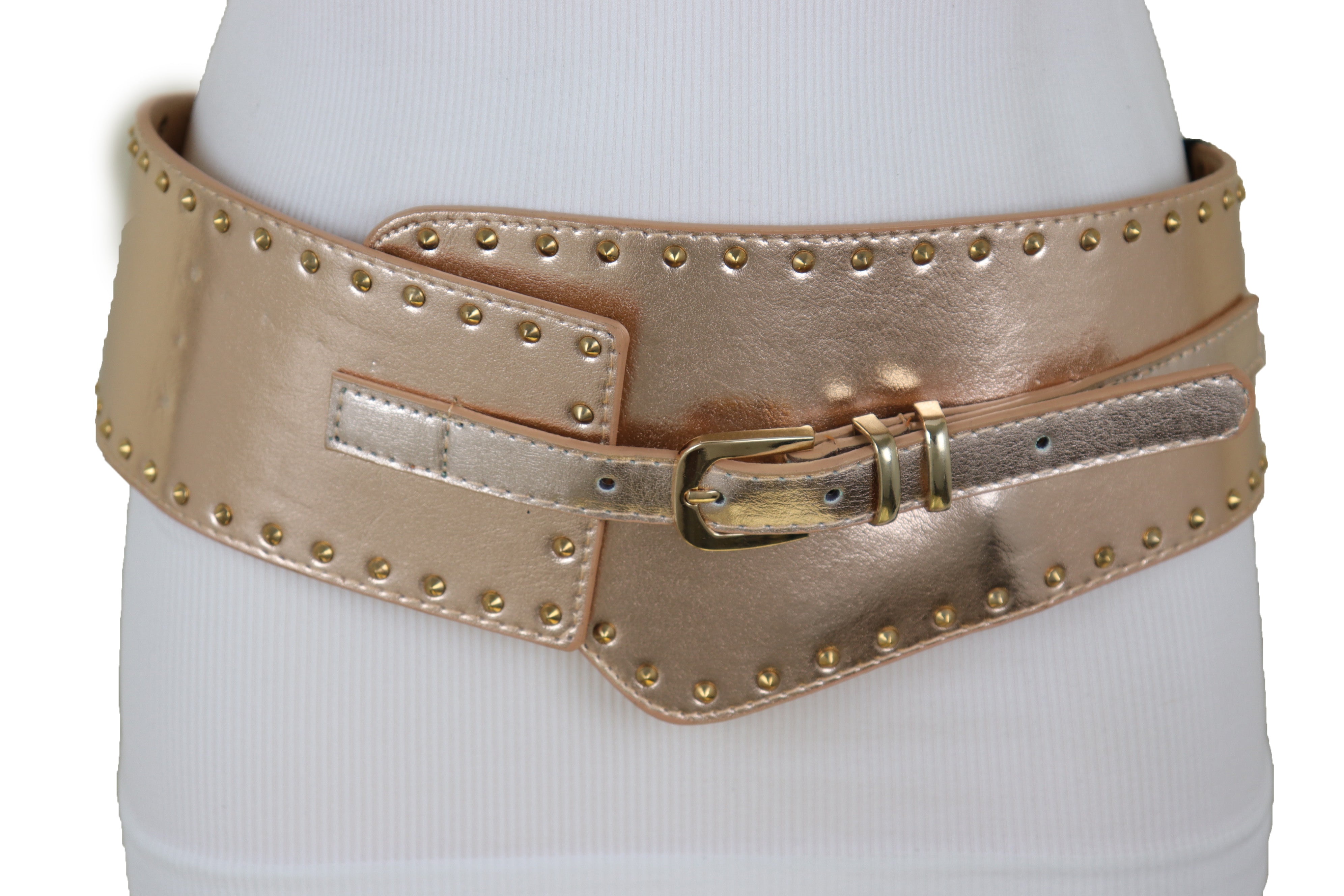 Wide Elastic Rose Gold Faux Leather Western Fashion Belt Metal Studs S ...