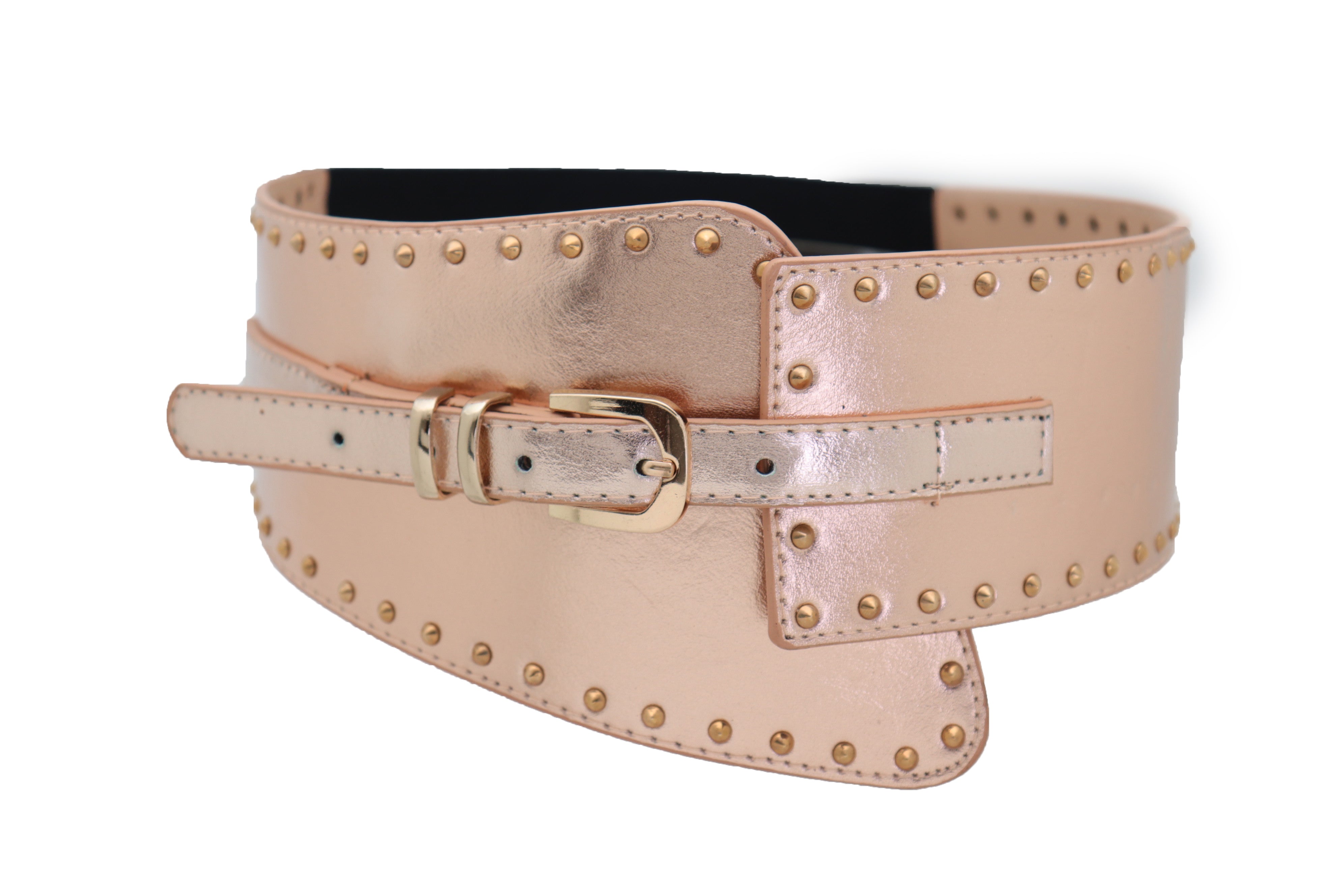 Wide Elastic Rose Gold Faux Leather Western Fashion Belt Metal Studs S ...