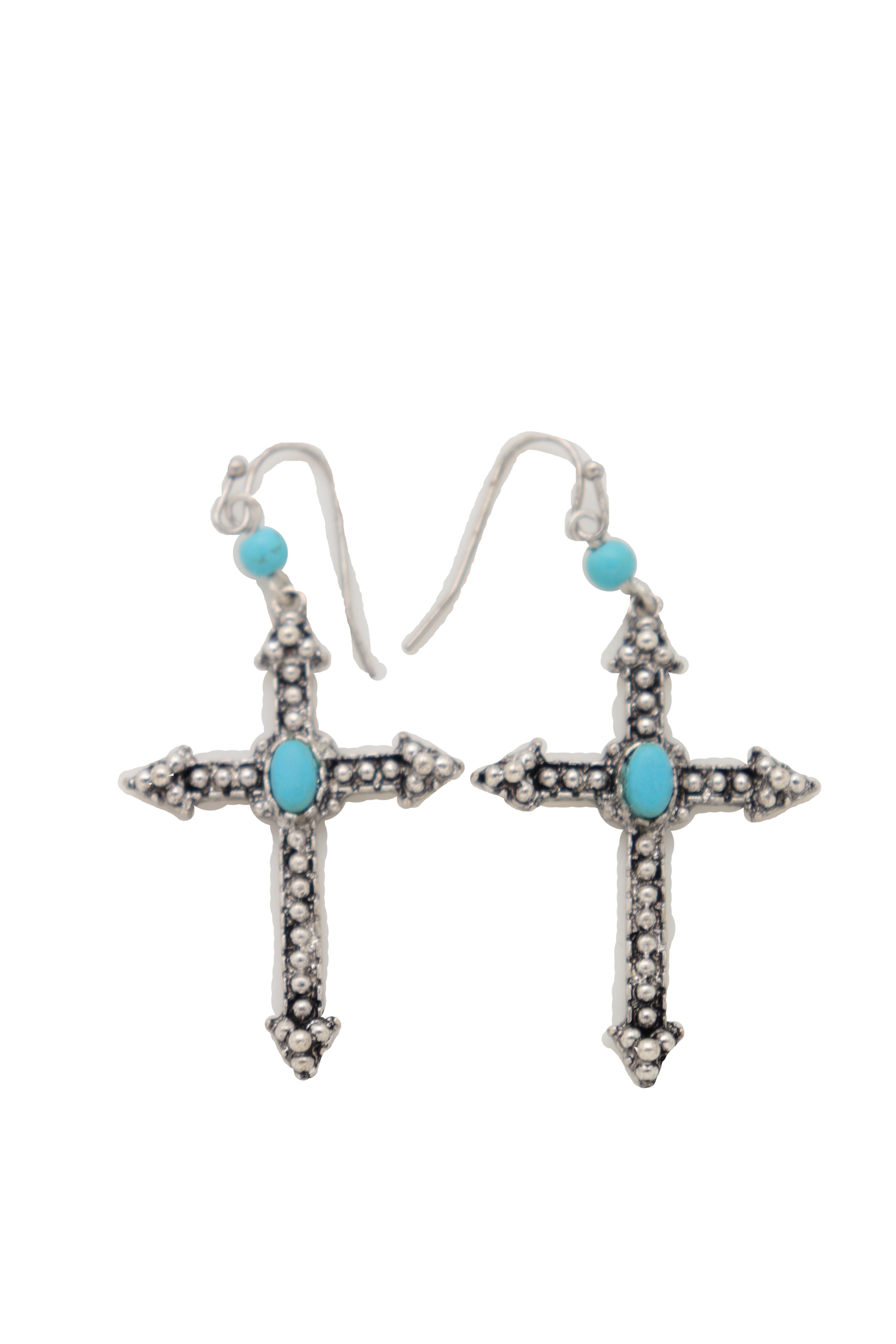 Silver Metal Pointy Cross Earrings Turquoise Blue Beads – alwaystyle4you