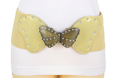 Fashion Wide Elastic Waistband Gold Belt Butterfly Metal Buckle Fit Size S M