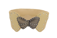 Fashion Wide Elastic Waistband Gold Belt Butterfly Metal Buckle Fit Size S M