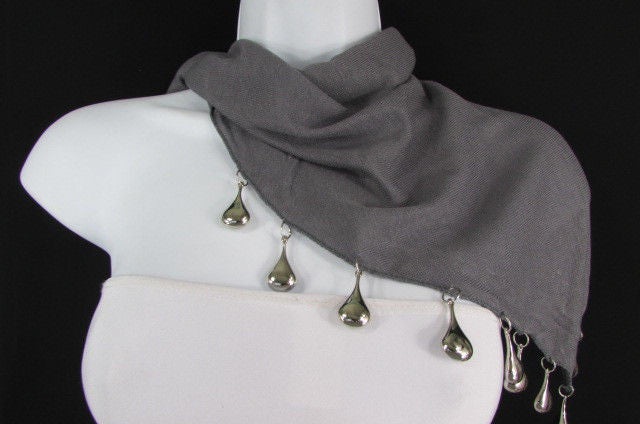 Everyday Jewelry Grey and Multicolored Cotton Scarf Necklace Jewelrys - Scarf Necklace, Cotton / Polyester / Acrylic Pearl / Silver-Colored Plastic, M